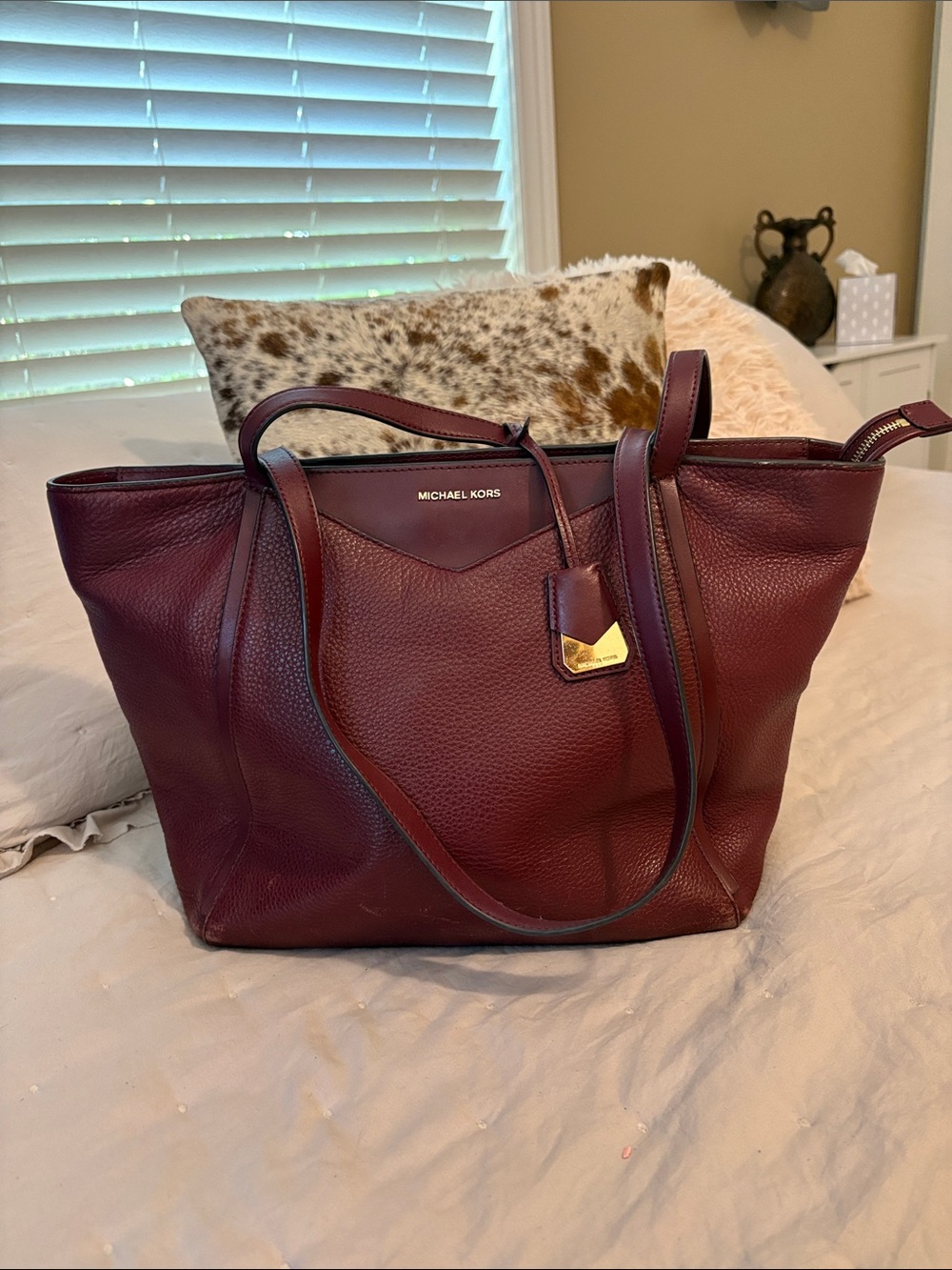 Michael Kors Merlot Pebbled Leather Tote with Gold Accent